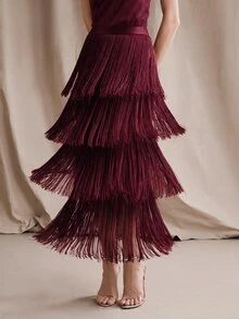 Anewsta 女款春夏新款優雅層次流蘇中長洋裝，修身顯瘦，適合正式場合、派對、時尚通勤、畢業典禮、婚禮 - 酒紅色 - 查看 5