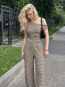 SHEIN MOD 女款不對稱肩條紋上衣與長褲休閒日常兩件套 - 彩色 - 查看 1