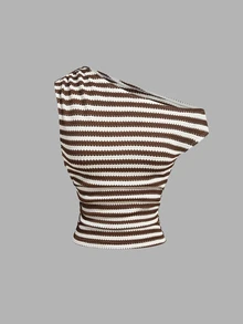 SHEIN MOD 女款不對稱肩條紋上衣與長褲休閒日常兩件套 - 彩色 - 查看 10
