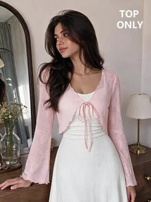 SHEIN MOD 女款復古V領短版喇叭袖綁帶針織開襟衫 - 淺粉色 - 查看 1