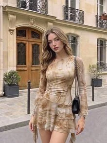 SHEIN MOD 女款不對稱單肩抓皺前綁帶長袖度假洋裝 米色 秋季鄉村風 熱帶野餐風 - 杏色 - 查看 11