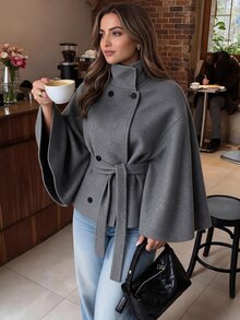 Easura Women's Plus Size Autumn/Winter Single Piece High Neck Double-Breasted Cape Sleeve With Belt Short Jacket, Old Money Style Commute Street Overcoat - Dark Grey - View 1