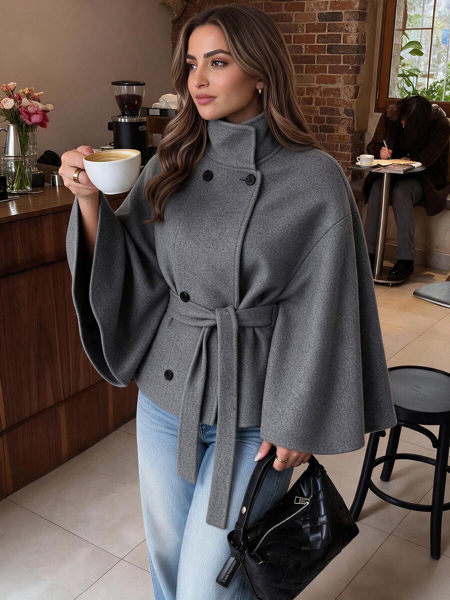 Easura Women's Plus Size Autumn/Winter Single Piece High Neck Double-Breasted Cape Sleeve With Belt Short Jacket, Old Money Style Commute Street Overcoat - Dark Grey - View 1