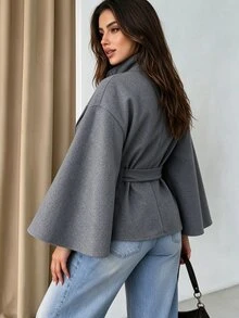 Easura Women's Plus Size Autumn/Winter Single Piece High Neck Double-Breasted Cape Sleeve With Belt Short Jacket, Old Money Style Commute Street Overcoat - Dark Grey - View 2