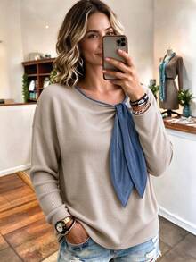 Weeklong Plus Size DenimLook Tie Collar Ribbed Brushed Casual Long Sleeve Top Fall - Grey - View 5
