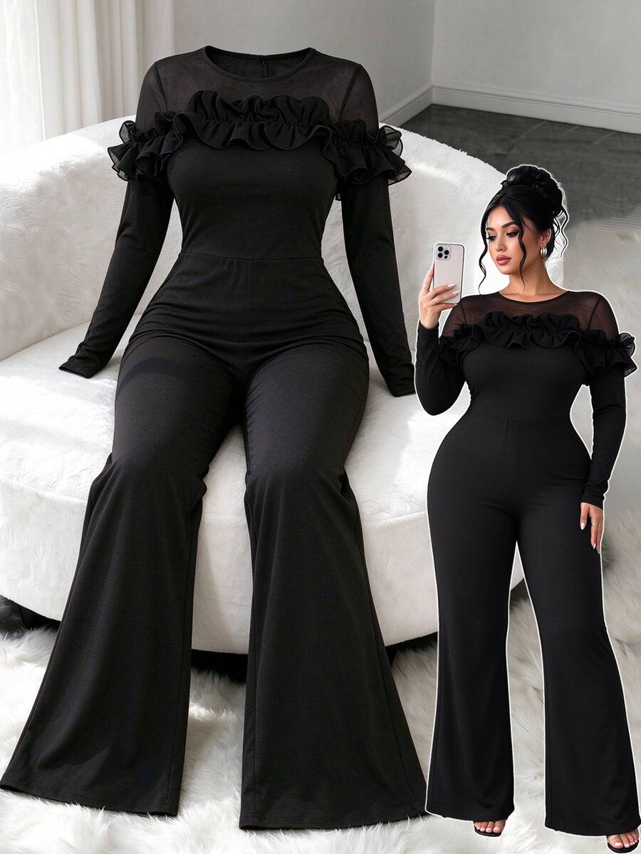 Cravure Plus Size Women Elegant Party Banquet Birthday Dinner Long Ruffle Ruffle Long Sleeve Black Jumpsuit Fall - Black - View 1