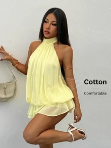 SHEIN PETITE Women's Elegant Pale Yellow Halter Neck Tie Mini Dress, Suitable For Party, Date, Autumn/Winter, Spring/Summer - Yellow - View 4