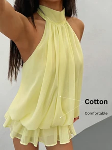 SHEIN PETITE Women's Elegant Pale Yellow Halter Neck Tie Mini Dress, Suitable For Party, Date, Autumn/Winter, Spring/Summer - Yellow - View 6