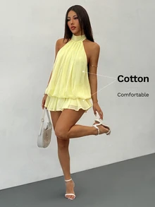 SHEIN PETITE Women's Elegant Pale Yellow Halter Neck Tie Mini Dress, Suitable For Party, Date, Autumn/Winter, Spring/Summer - Yellow - View 9