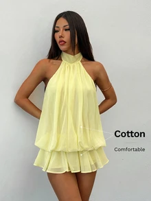 SHEIN PETITE Women's Elegant Pale Yellow Halter Neck Tie Mini Dress, Suitable For Party, Date, Autumn/Winter, Spring/Summer - Yellow - View 8