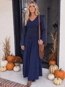 Breezaya Women's Solid Color V-Neck Pleated Casual Boho Party Vacation Dress Thanksgiving Navy Blue Fall - Navy Blue - View 3