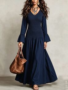 Breezaya Women's Solid Color V-Neck Pleated Casual Boho Party Vacation Dress Thanksgiving Navy Blue Fall - Navy Blue - View 4