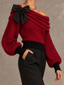 Omancia Women's Autumn/Winter Christmas Red Bow Sweater Top - Burgundy - View 3