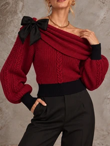 Omancia Women's Autumn/Winter Christmas Red Bow Sweater Top - Burgundy - View 7