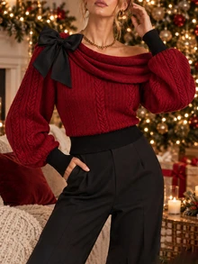 Omancia Women's Autumn/Winter Christmas Red Bow Sweater Top - Burgundy - View 6
