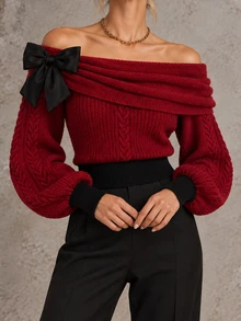 Omancia Women's Autumn/Winter Christmas Red Bow Sweater Top - Burgundy - View 5