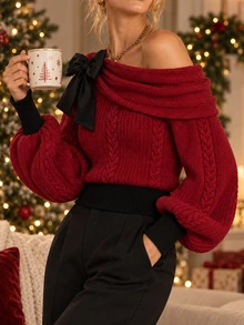 Omancia Women's Autumn/Winter Christmas Red Bow Sweater Top - Burgundy - View 1