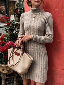 Penseblé Autumn/Winter New Casual Elegant Long Sleeve Turn-Down Collar Oatmeal Color Twisted Rope Cable Knit Texture Slim Fit Women's Fashion Pullover Dress - Apricot - View 4
