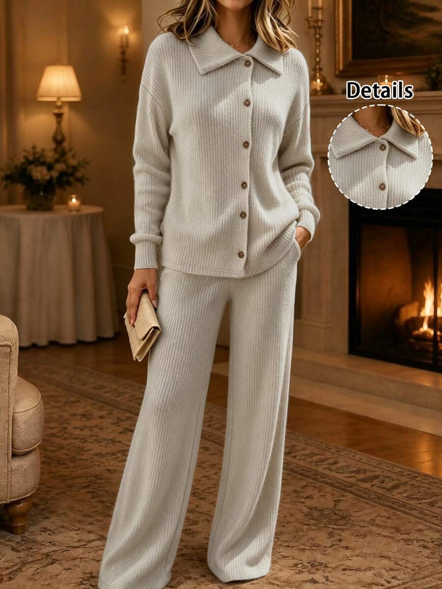 Holdful Holdful 女款秋季鬆垮領 asymmetric鈕扣針織套裝,寬鬆羅紋上衣與高腰寬腿休閒長褲 2 件組,居家戶外居家服 - 卡其色 - 查看 1