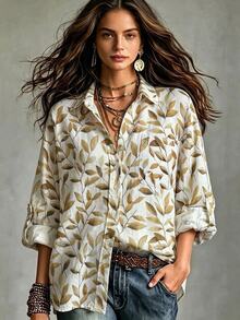 Breezaya Women's All-Over Print Casual Versatile Daily Wear Shirt - Apricot - View 4