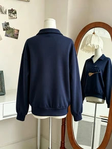INAWLY Women's Casual Contrast Color Collar Drop Shoulder Sweatshirt, Autumn/Winter - Navy Blue - View 2