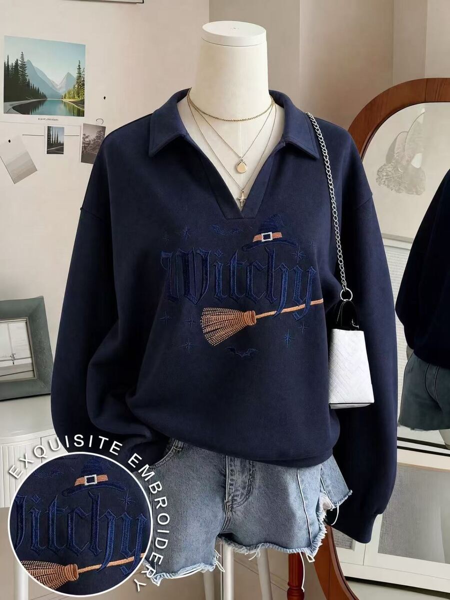 INAWLY Women's Casual Contrast Color Collar Drop Shoulder Sweatshirt, Autumn/Winter - Navy Blue - View 1
