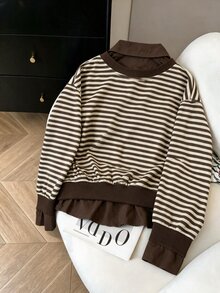 INAWLY Women's Striped Long Sleeve Button Half-Placket Casual Loose Sweatshirt - Coffee Brown - View 2