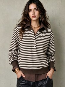 INAWLY Women's Striped Long Sleeve Button Half-Placket Casual Loose Sweatshirt - Coffee Brown - View 1