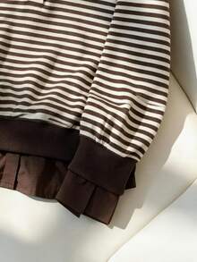 INAWLY Women's Striped Long Sleeve Button Half-Placket Casual Loose Sweatshirt - Coffee Brown - View 6