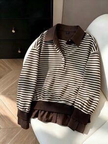 INAWLY Women's Striped Long Sleeve Button Half-Placket Casual Loose Sweatshirt - Coffee Brown - View 3