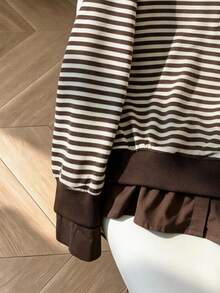 INAWLY Women's Striped Long Sleeve Button Half-Placket Casual Loose Sweatshirt - Coffee Brown - View 5