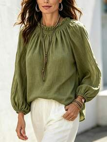 Glimmora Plus Size Lazy Vacation Top With Wood Ear Trim, Elastic Neck And Lantern Sleeves Fall - Green - View 5