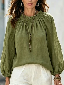 Glimmora Plus Size Lazy Vacation Top With Wood Ear Trim, Elastic Neck And Lantern Sleeves Fall - Green - View 4