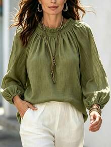 Glimmora Plus Size Lazy Vacation Top With Wood Ear Trim, Elastic Neck And Lantern Sleeves Fall - Green - View 2