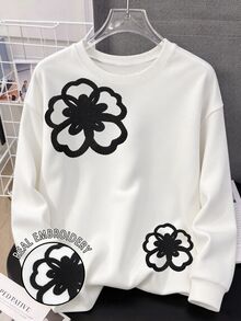 SHEIN Franclia 女款花卉毛巾刺繡圓領長袖套頭運動衫，舒適休閒長袖衛衣，適合日常休閒穿著 - 白色 - 查看 3