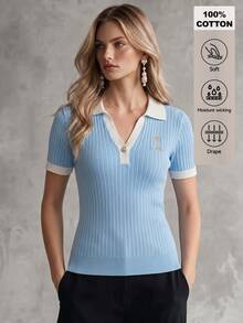 SHEIN Franclia 100 Cotton Polo Collar Short Sleeve Knit Top Slim Fit Ribbed Lightweight Blue And White Striped Contrast Embroidered Preppy Casual Brunch Summer - Blue - View 3