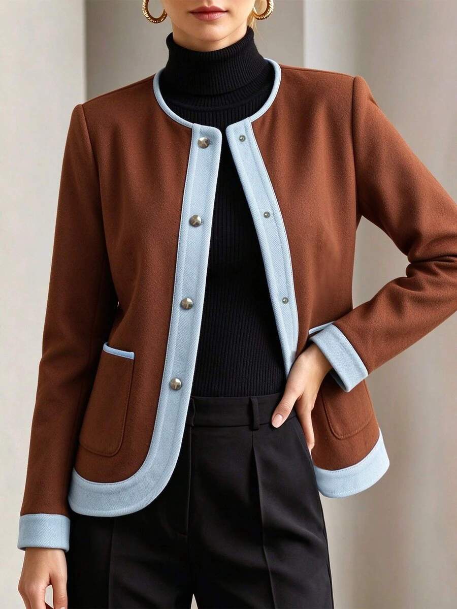 SHEIN PariChic Women's Autumn/Winter Fashion Commuter Round Neck Solid Color Patchwork Effect Long Sleeve Jacket, Elegant Casual Everyday Travel Brown And Blue