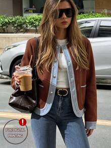 SHEIN PariChic Women's Autumn/Winter Fashion Commuter Round Neck Solid Color Patchwork Effect Long Sleeve Jacket, Elegant Casual Everyday Travel Brown And Blue - Brown - View 4