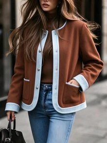 SHEIN PariChic Women's Autumn/Winter Fashion Commuter Round Neck Solid Color Patchwork Effect Long Sleeve Jacket, Elegant Casual Everyday Travel Brown And Blue - Brown - View 5