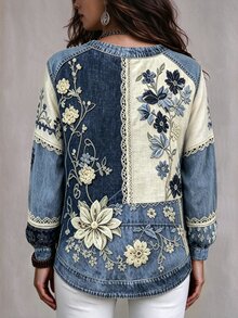Linhara CURVE 女款聖誕花卉刺繡圓領長袖拼接上衣，蕾絲飾邊復古套頭衫，寬鬆版型聖誕節派對休閒襯衫 - 彩色 - 查看 2