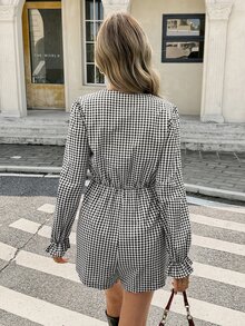 Serisse Women's Cotton Gingham Plaid V Neck Puff Sleeve Ruffle Cuff Cinched Waist Fitted Short Romper Jumpsuit,Casual Daily Wear Romper - Black and White - View 2