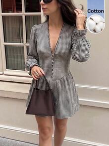 Serisse Women's Cotton Gingham Plaid V Neck Puff Sleeve Ruffle Cuff Cinched Waist Fitted Short Romper Jumpsuit,Casual Daily Wear Romper - Black and White - View 9
