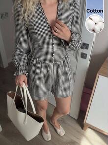 Serisse Women's Cotton Gingham Plaid V Neck Puff Sleeve Ruffle Cuff Cinched Waist Fitted Short Romper Jumpsuit,Casual Daily Wear Romper - Black and White - View 3