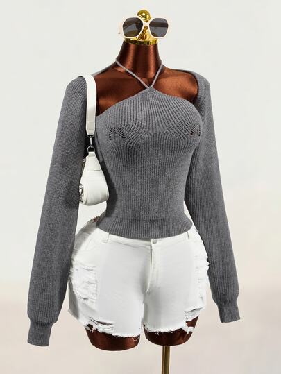 Mistrie Spaghetti Strap Knit Camisole + Long Sleeve Bolero 2pcs Set, Women Grey Cropped Waist Minimalist Sexy Cover Up Set, Fall Casual Going Out Club