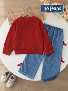 SHEIN Genkimix Kids 女童秋冬上衣，直條紋羅紋針織面料，長袖圓領，身著白色刺繡蝴蝶結裝飾，紅白拼接活潑俏皮，搭配淺藍牛仔效果寬腿褲，褲側裝飾紅色緞面蝴蝶結，適合春夏秋冬女童可愛俏皮優雅日常上學出遊度假 - 紅色 - 查看 2