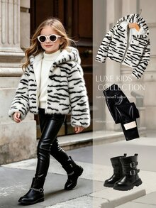 SHEIN Elladie kids 女童柔軟毛絨黑白斑馬紋可愛連帽拉鍊長袖短版夾克，優雅時尚，適合秋冬日常休閒外出 - 黑與白 - 查看 2
