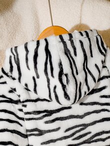 SHEIN Elladie kids 女童柔軟毛絨黑白斑馬紋可愛連帽拉鍊長袖短版夾克，優雅時尚，適合秋冬日常休閒外出 - 黑與白 - 查看 7