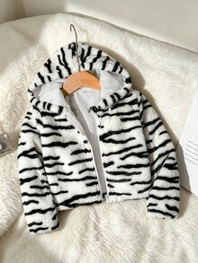 SHEIN Elladie kids 女童柔軟毛絨黑白斑馬紋可愛連帽拉鍊長袖短版夾克，優雅時尚，適合秋冬日常休閒外出 - 黑與白 - 查看 6