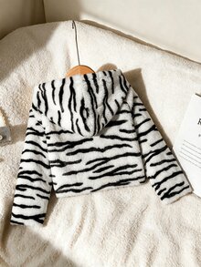 SHEIN Elladie kids 女童柔軟毛絨黑白斑馬紋可愛連帽拉鍊長袖短版夾克，優雅時尚，適合秋冬日常休閒外出 - 黑與白 - 查看 3