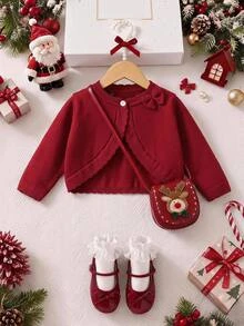 SHEIN 女嬰紅色針織長袖圓領蝴蝶結前襟短版開襟衫 - 紅色 - 查看 1